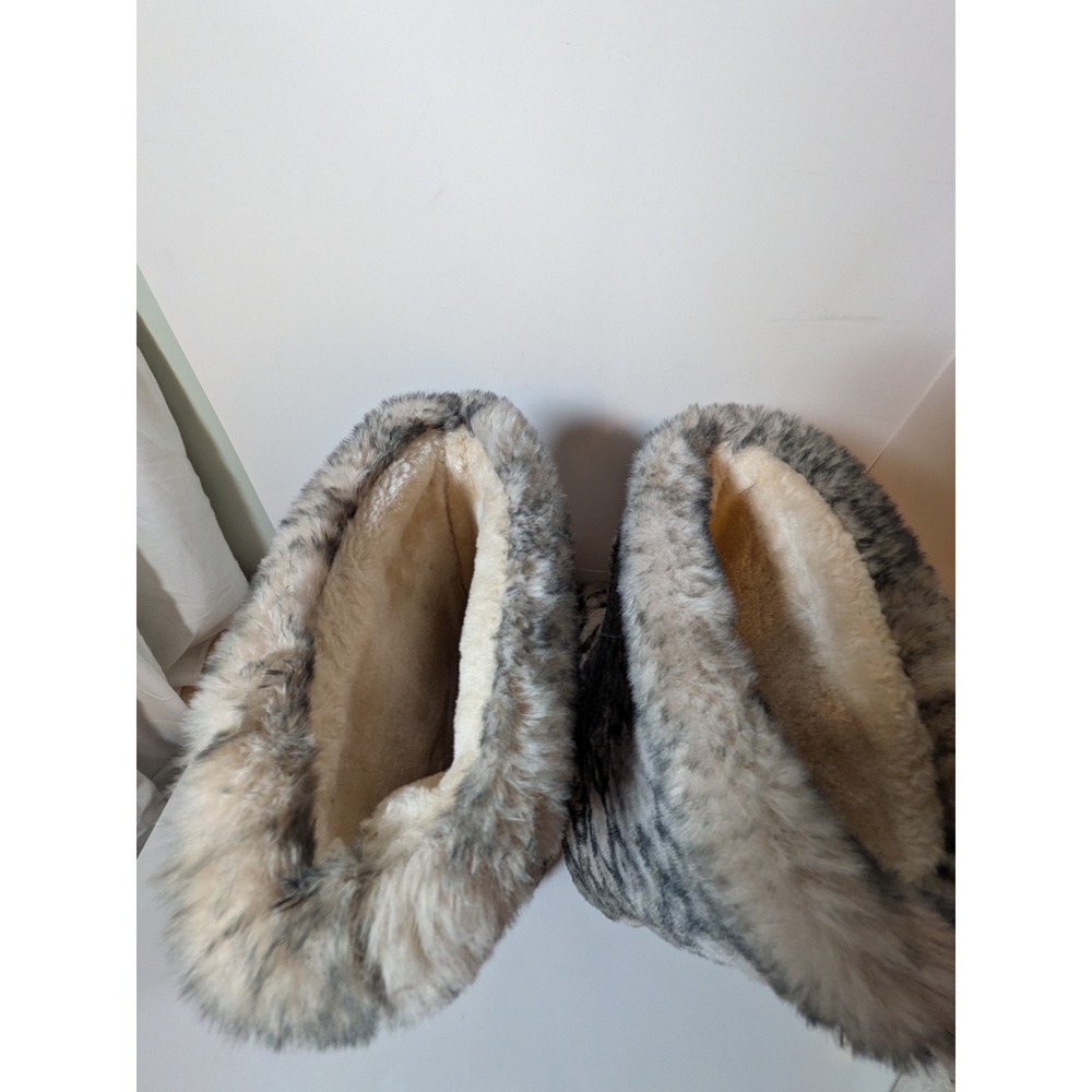 Faux Fur Animal Print Tall Slipper Boots Grey Cream Fleece Lined Size 8 - Picture 7 of 9